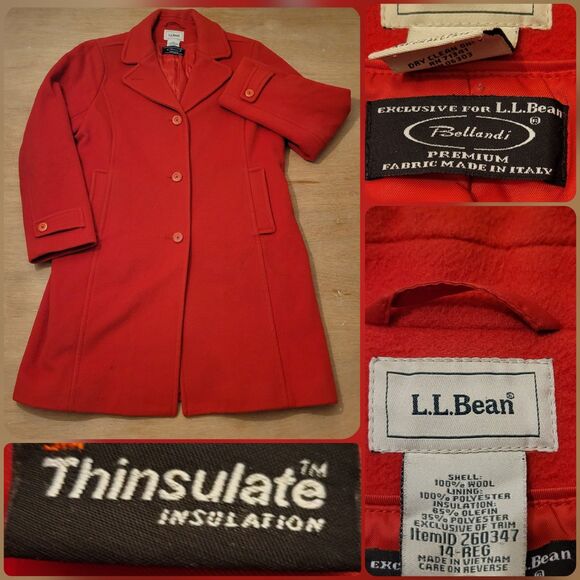 L.L. Bean Red Peacoat Women's 14 Lambswool Thinsulate Double Breasted Pockets - Picture 1 of 16